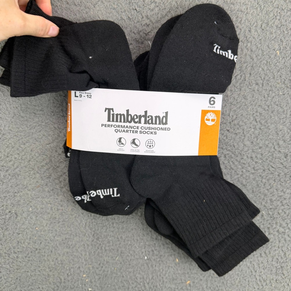 Timberland Mens Performance Cushioned Quarter Socks 6 Pairs Black Size 9-12
